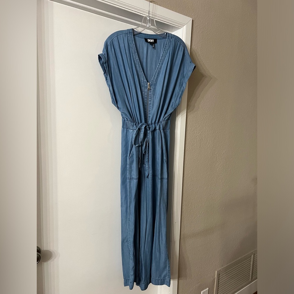 DKNY size large, chambray blue jumpsuit adjustable waist. Good condition.